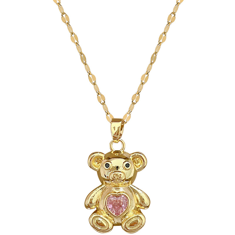 Gorgeous Pink Bear Necklace Full Diamond Luxury Temperament Chain_voghion.com