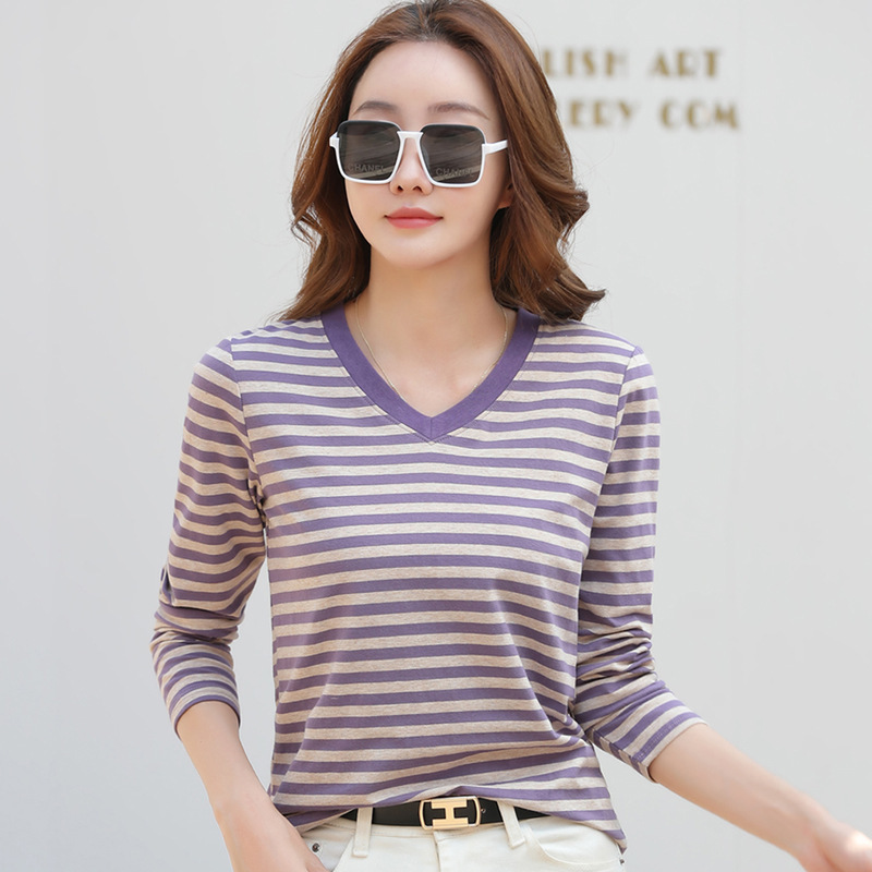 367 Striped Round-Neck Long-Sleeve Women's T-Shirt, Versatile for Autumn and Winter, Korean Style, Fresh and Retro, Early Autumn Top, Trendy