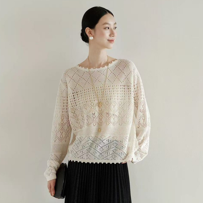 2026 Summer New Style Cotton-Feel Lace Boat-Neck Hollow-Out Knitwear for Women, Lightweight Breathable Top