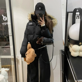 黑色短款大毛领连帽羽绒棉服女冬季2025新款保暖收腰显瘦棉衣棉袄