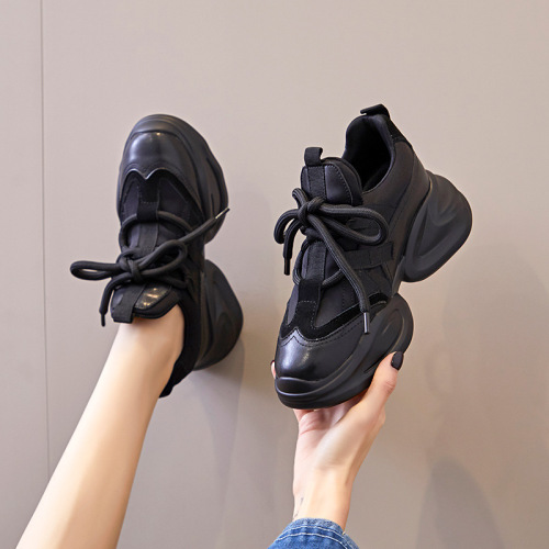 Increased thick-soled dad shoes for women ins trend  spring new leather thick-soled platform shoes casual sports shoes