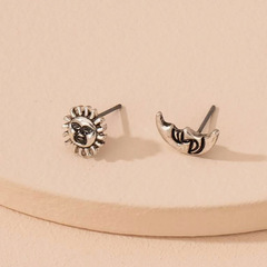 亞馬遜跨境新款太陽月亮復古做舊耳釘女歐美時尚個性日月配飾耳環