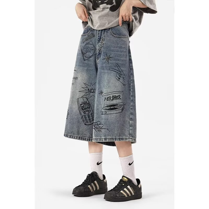 Summer Retro Popular Men's Jeans Japanese Style Trendy Ripped Personality Loose Graffiti Couple Denim Cropped Pants