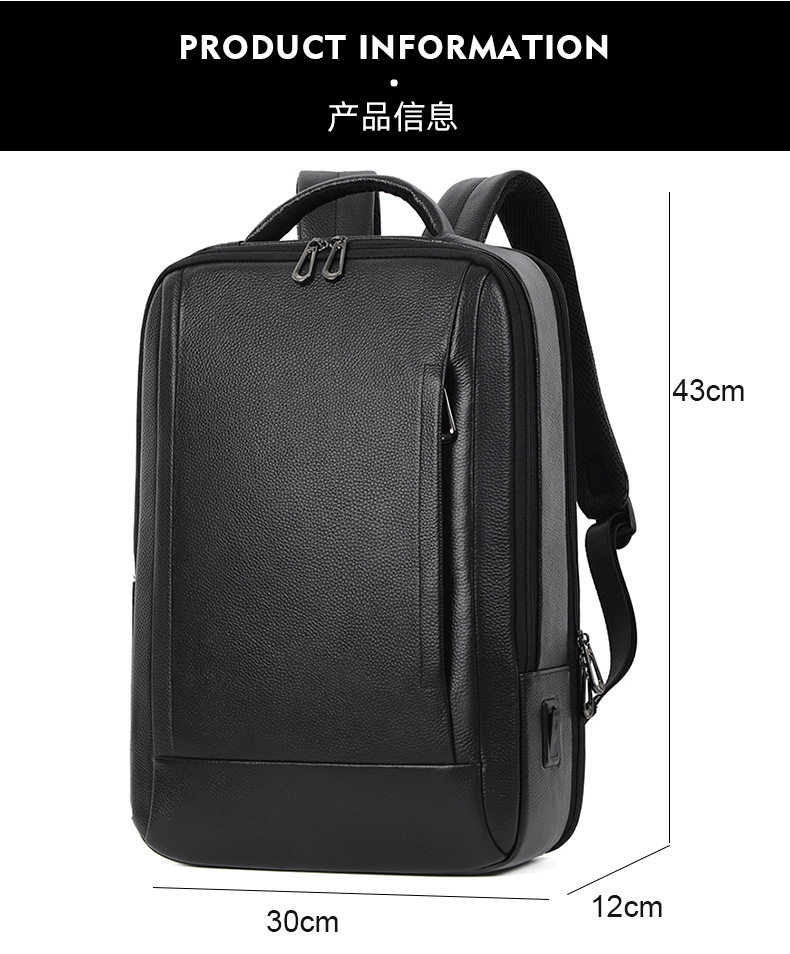 Ba lô nam da bò thật công suất lớn, ngăn laptop 16 inch, chống nước đa chức năng — Màu đen chi tiết 14