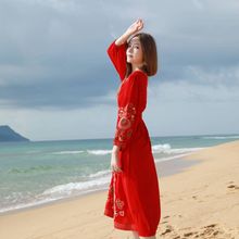 三亚旅游度假棉麻沙滩裙女沙漠显瘦民族风茶卡盐湖红色长裙子f965