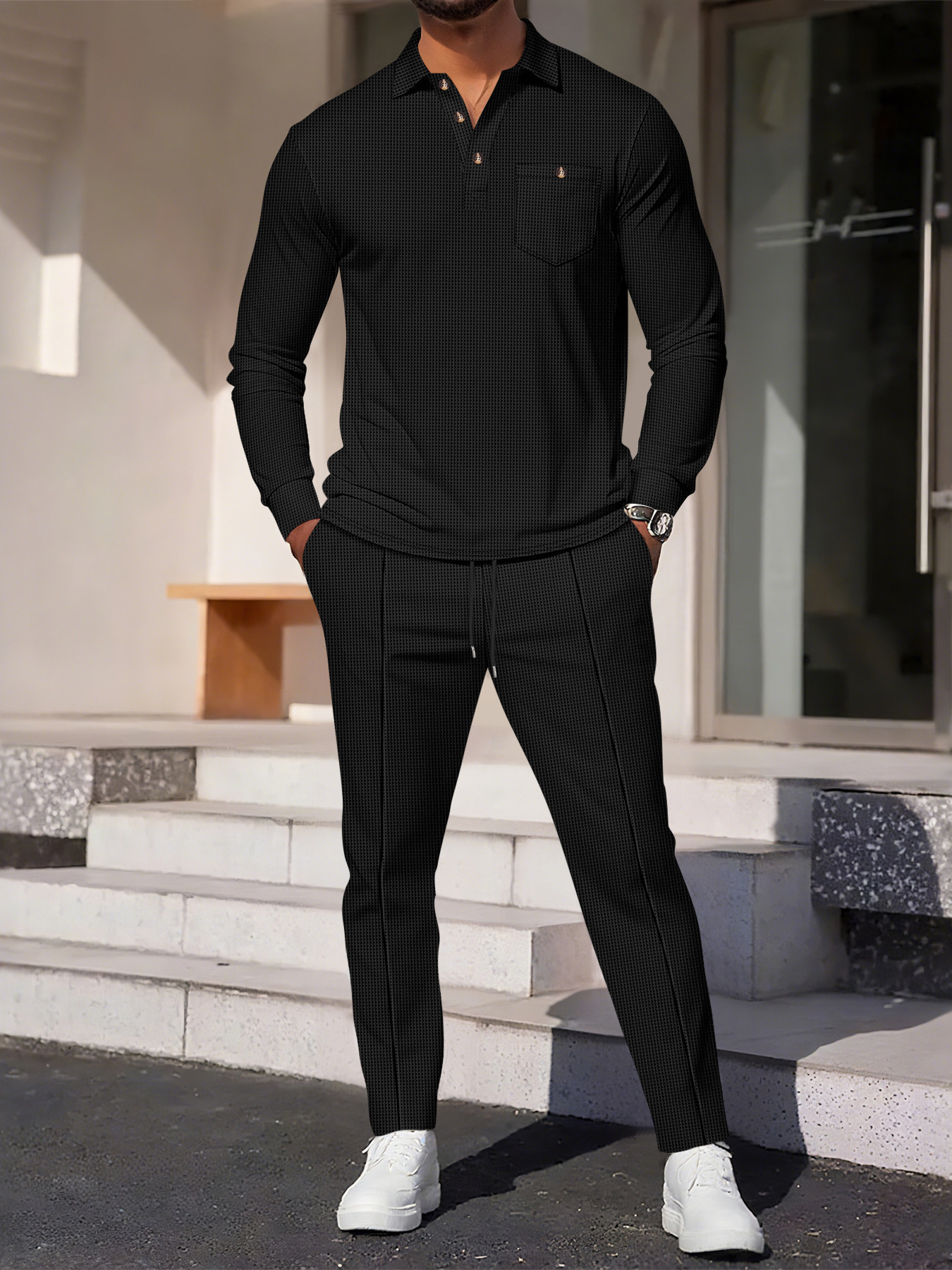 Men's Waffle Knit Shirt And Trousers Suit Casual Long Sleeve Set_voghion.com
