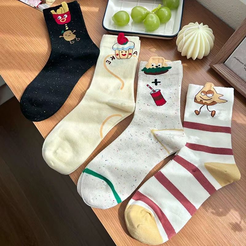 日系卡通可爱薯条汉堡袜子女中筒ins潮网红款运动百搭长棉袜日系|undefined