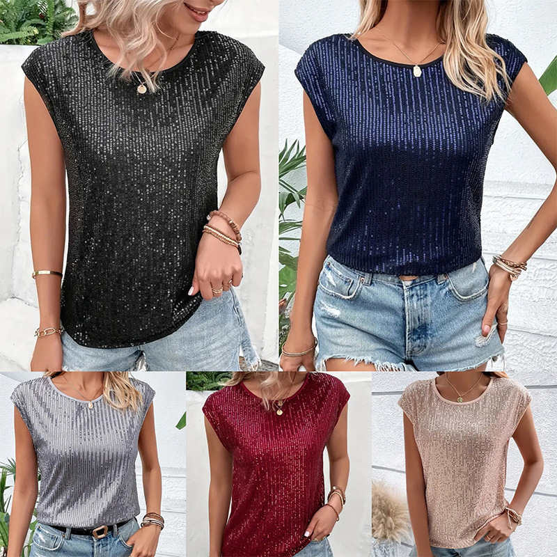 European and American Cross-border New European and American-style Loosen Casual Fashion Party Round Neck Sleeveless Top Women's Sequin T-shirt