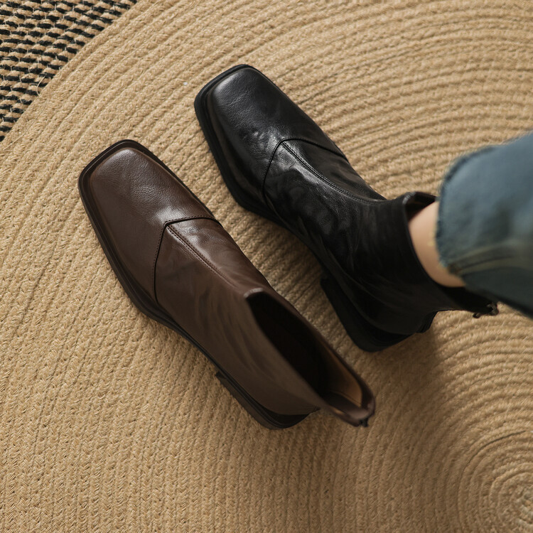 Maillard Retro 손으로 긁힌 양가죽 두꺼운 힐 첼시 얇은 짧은 부츠 All-Match Square Toe Rear Zip Martin Boots Women's 40
