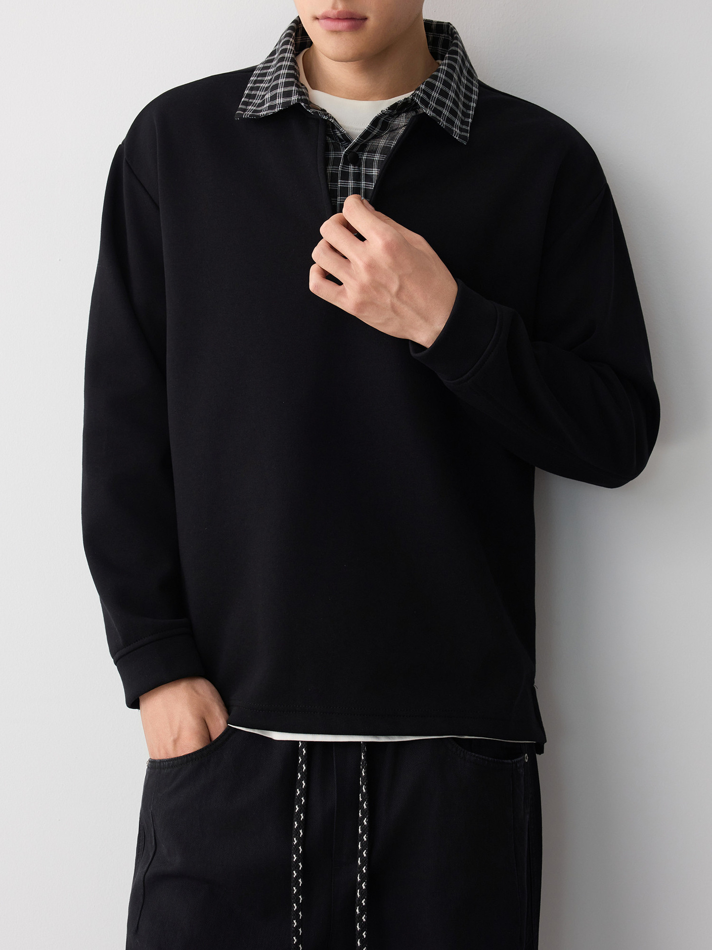 Áo hoodie nam nỉ hai lớp cổ lạnh kiểu giả hai lớp — đen