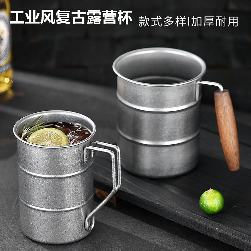 Vintage Industrial style beer cup 304 stainless steel mug coffee water Cup distressed outdoor camping wooden barrel Cup