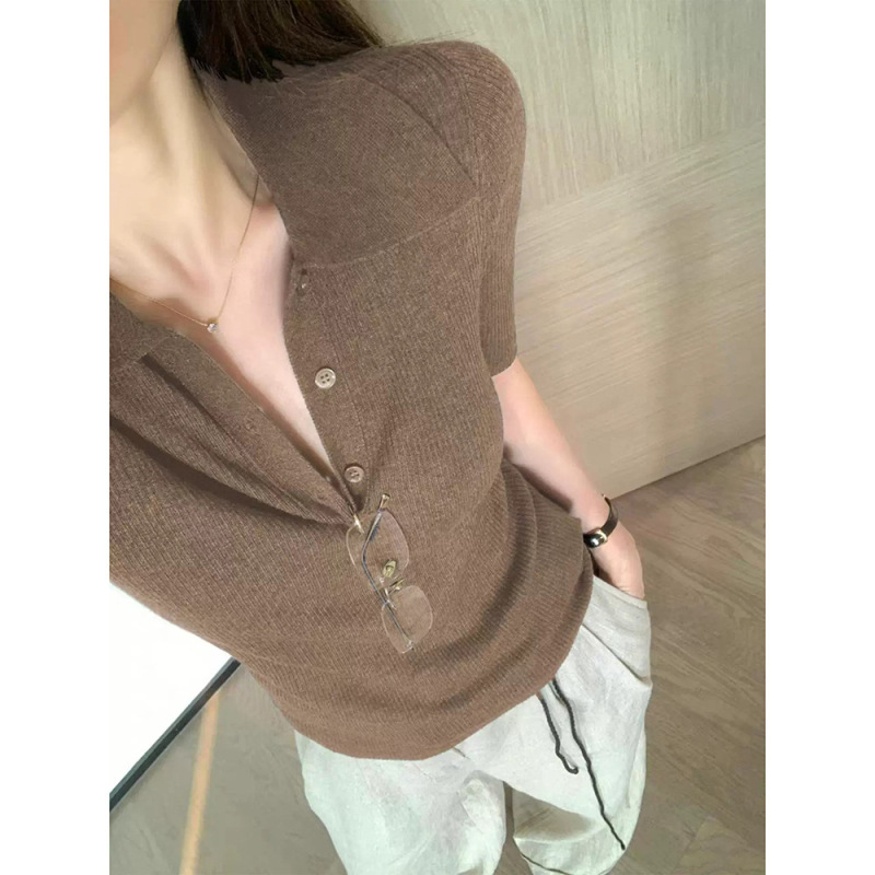 Retro Old Money Style Coffee-Colored Polo Collar Ribbed Knit T-Shirt for Women, Summer Casual Versatile Short-Sleeve Top Retro Old Money Style Coffee-Colored Polo Collar Ribbed Knit T-Shirt for Women, Summer Casual Versatile Short-Sleeve Top