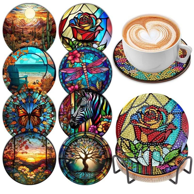 Ventas transfronterizas calientes de 8 piezas de conjunto de cojín de taza de arte de diamante, con soporte, pequeño conjunto de pintura de diamante, adecuado para adultos