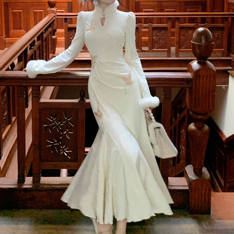 White Feather Exquisite High-End New Chinese Style Dress Elegant National Style Mermaid Cheongsam 2025 Autumn/Winter Women's Model