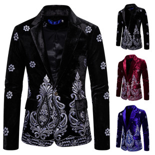 Foreign Trade Wholesale Men's Suits Autumn and Winter New Punk Style Printed Lapel Single-Breasted European Size Slim Men's Suits
