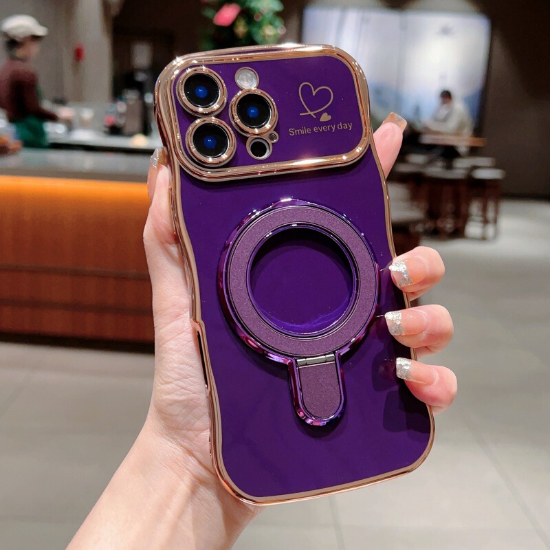 iPhone17Promax対応 波型ハート型スマホケース Apple15対応 メッキ磁気スタンド付き 落下防止保護ケース|undefined