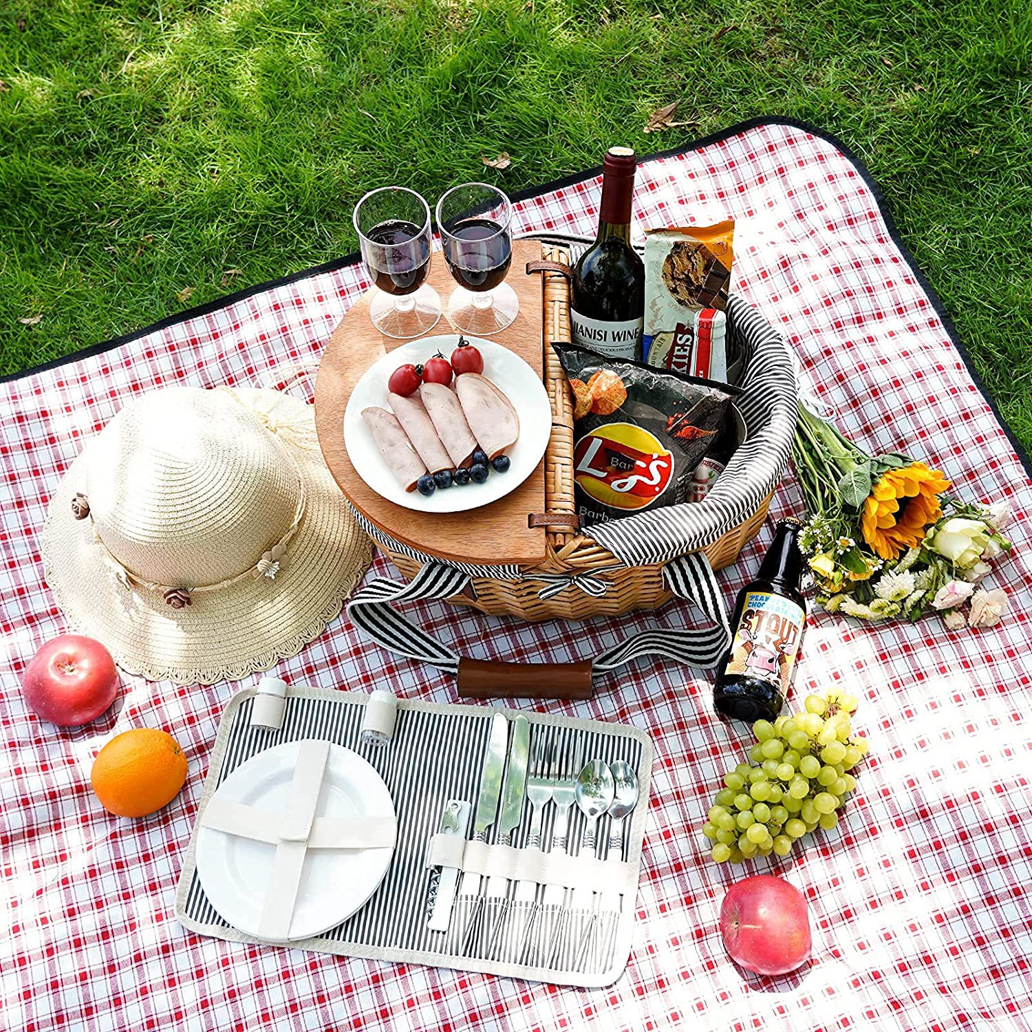 Cestas de picnic de sauce Amazon nuevo grupo doble al aire libre cubierta de madera de caña tejida cesta de almacenamiento tejida cesta de almacenamiento mayorista