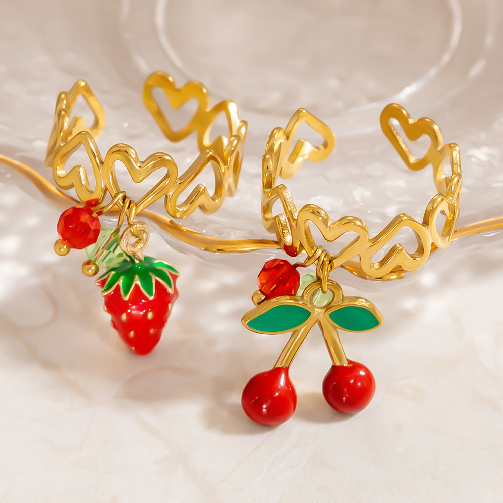 Modern Style Sweet Cherry Strawberry Titanium Steel Plating Women's Charm Rings Open Rings display picture 1