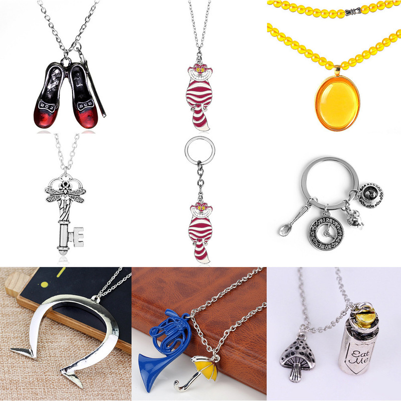Alice in Wonderland Cute Cat Keychain Citrine Trumpet Umbrella Magic Wand Red Shoes Horseshoe Necklace