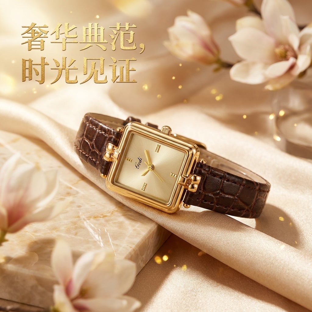 Gordi Vintage High-End Women's Watch, Niche Gold Square Dial Waterproof Leather Quartz Watch