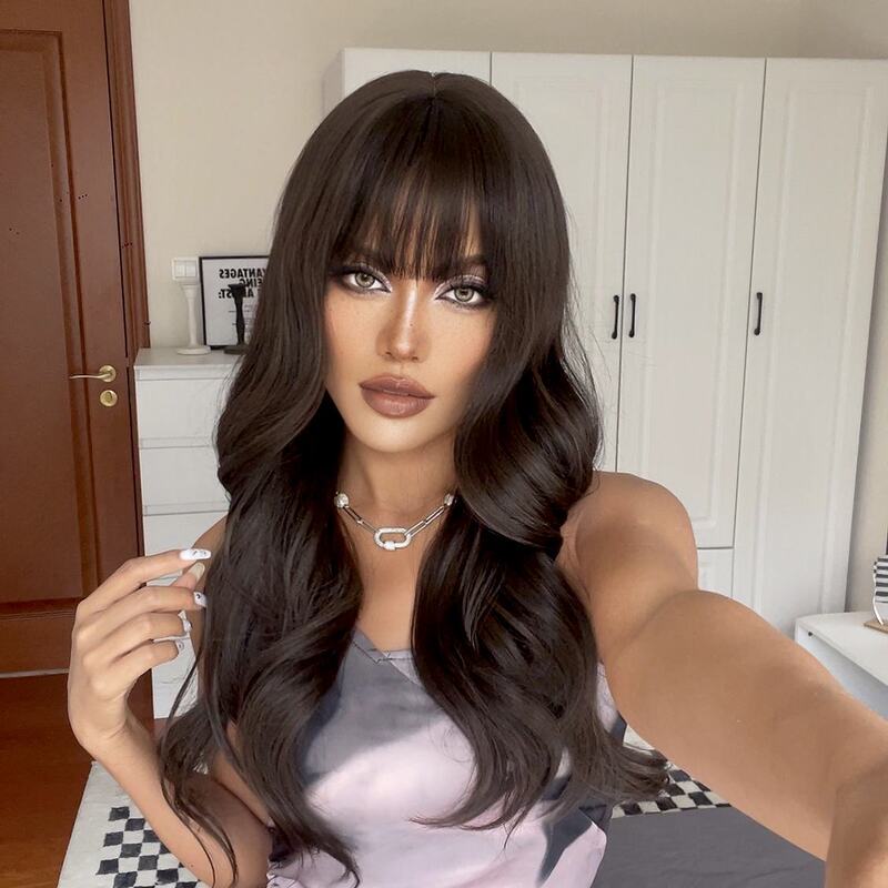 Long Wavy Wig with Bangs, Natural Long Curly Hair Wig, Black-Brown Glue-Free Wig, High-Quality Synthetic Fiber Wig