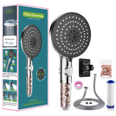 Waterfall spray five-level adjustable black shower head with negative ion filtration pressure boost shower head with switch nozzle
