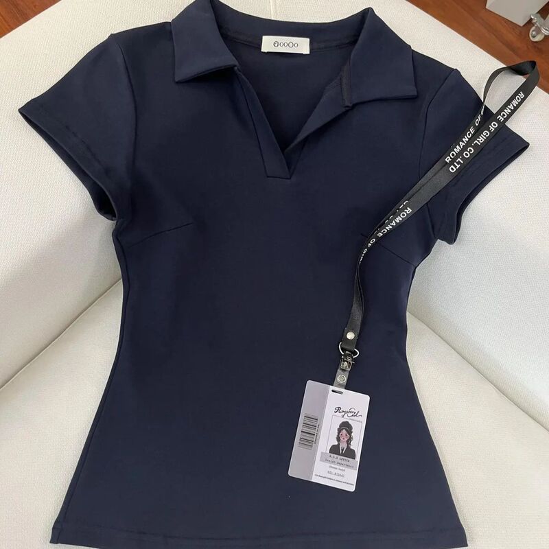 Pure Desire Straight-Shoulder Polo Collar T-Shirt for Women, New Summer Style, Versatile Casual Sports Slim-Fit Waist-Cinching Short Top