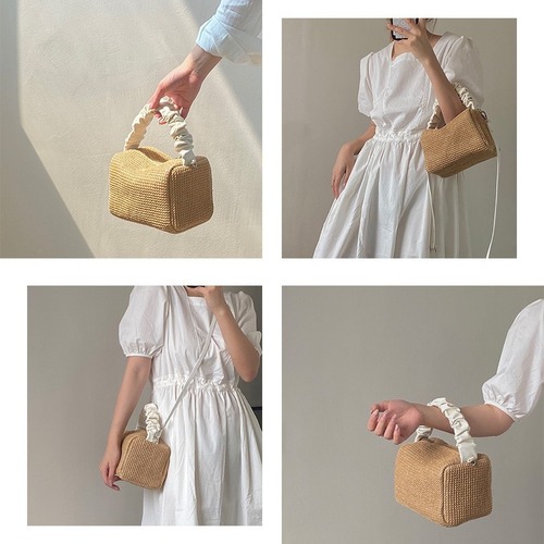 Summer straw bag for women 2024 new style girl retro pleated contrast color portable square bag versatile diagonal cross bag trendy