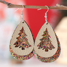 跨境新款圣诞节镂空圣诞树亮片PU水滴吊坠耳环多层皮革耳饰礼物