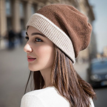 秋冬季新款羊絨毛線護耳保暖撞色針織帽子歐美女士包頭套頭堆堆帽