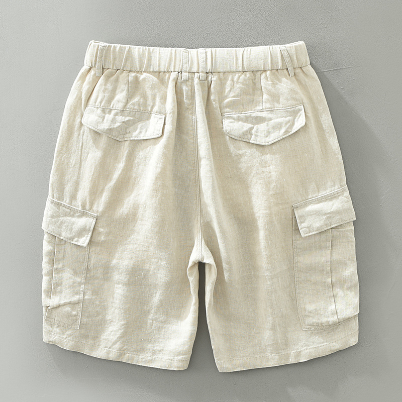 1118 Japanese trend linen overalls men's loose casual breathable elastic waist five pants a generation of hair