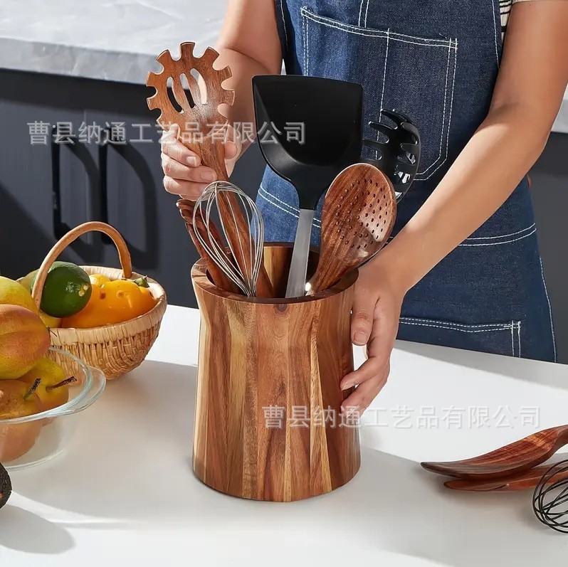 新款相思木筒餐具收纳盒家用厨房工具整理架收纳盒木质厨具收纳罐|undefined