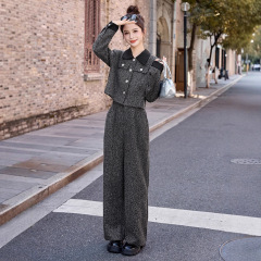 法式短外套小香风套装女2025秋新款轻熟风气质显瘦阔腿裤两件套