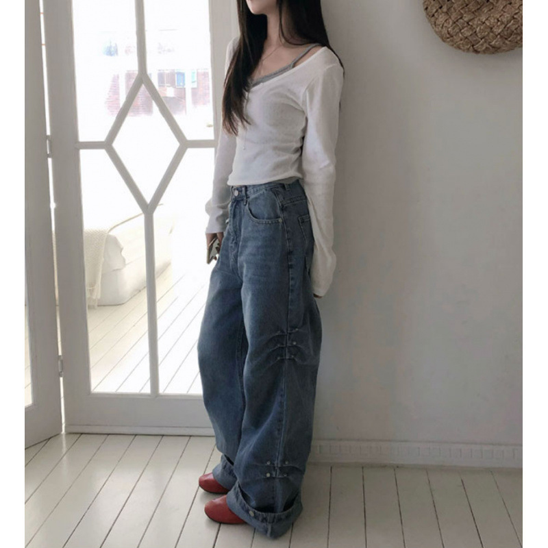 2026 Early Spring and Autumn New Korean Style Retro Elegant Loose Pleated Designer Jeans Long Pants for Women