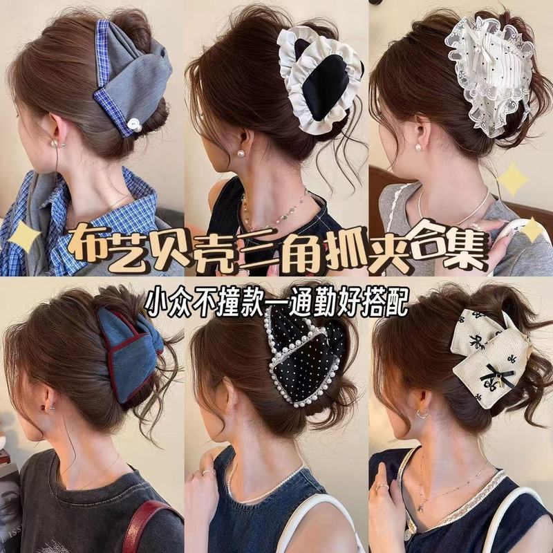 新作レトロ韓国風布製リボン三角ヘアクリップ、女性用大型ヘアクリップ、後頭部の髪量が多い方用シャーククリップ|undefined