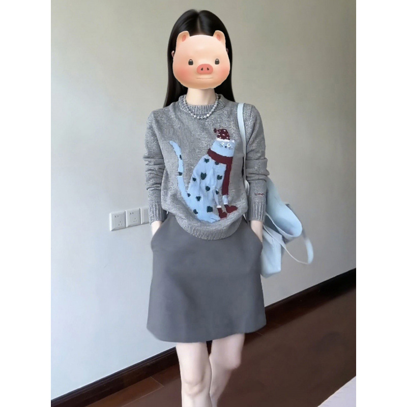 秋季新款慵懒风猫咪图案长袖针织衫女搭配小个子百搭毛衣女上衣|undefined