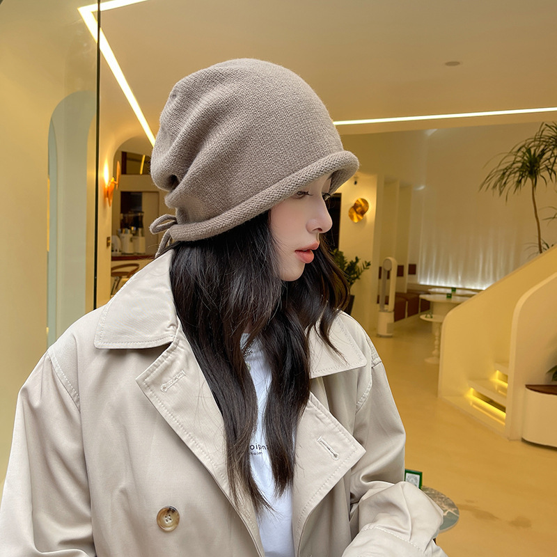 New Stacking Hat For Japanese Women, Small Face Display, Cold Cap, Big Head, Drawstring, Curled Edge, Knitted Yarn Hat_voghion.com
