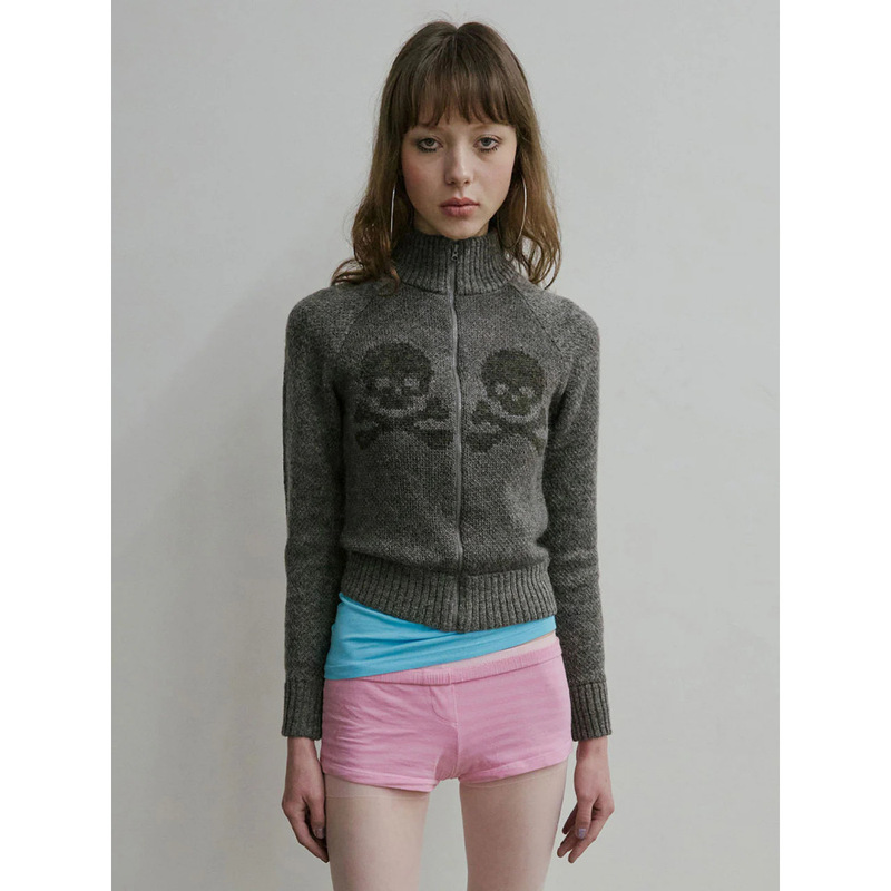 European and American Cross-Border Design Street Style Versatile Ins Slim-Fit Skull Knit High-Quality Cardigan Women's Sweatshirt European and American Cross-Border Design Street Style Versatile Ins Slim-Fit Skull Knit High-Quality Cardigan Women's Sweatshirt