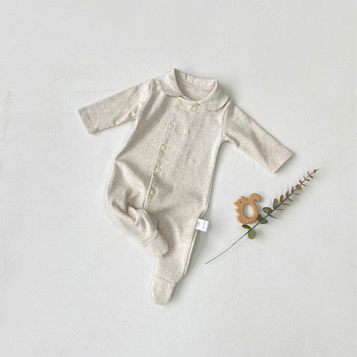Newborn Spring Clothing—Class A Baby Small Lapel Open-Chest Single-Row Button Long Romper with Footed Onesie and Bib-style Overalls