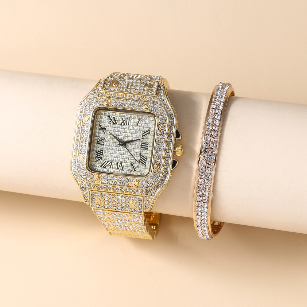 Casual trend personality square large dial full diamond steel belt quartz watch + bracelet (2pcs/set)_voghion.com