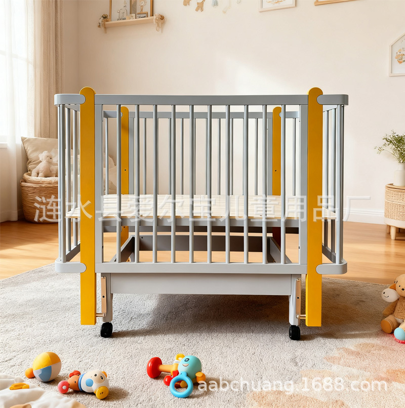 Newborn baby cradle bed, movable, full safety guardrail, multifunctional solid wood crib, direct supply from cross-border factory