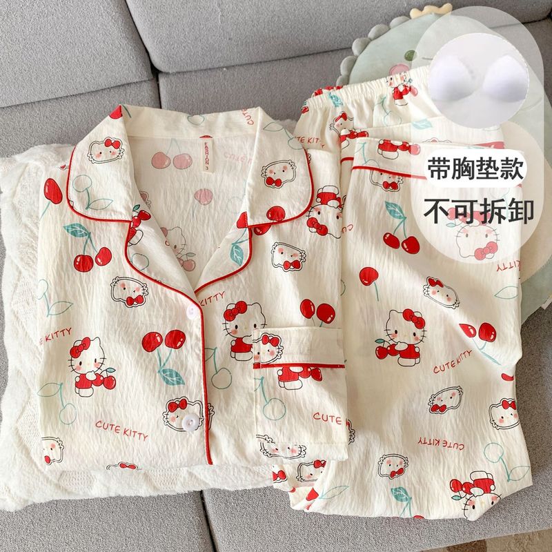带胸垫波点腊肠狗云朵纯棉纱睡衣女款春秋夏季长袖套装卡通家居服|undefined