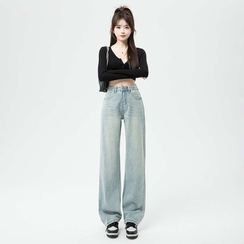 Wholesale Early Autumn Women's High-Waisted Slimming Light Blue Narrow Wide-Leg Drape Straight Floor-Length Jeans Retro