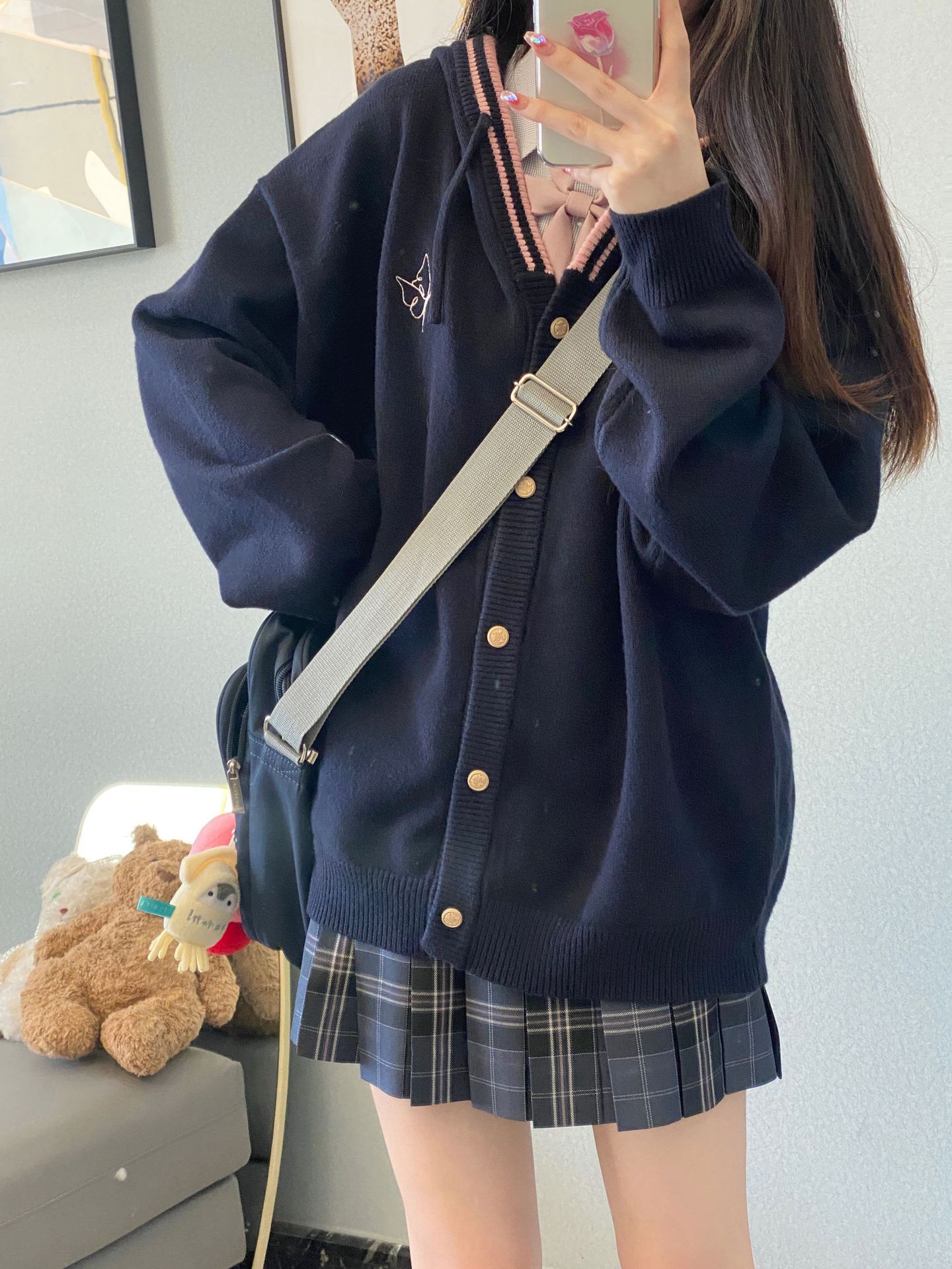 (2개) 2023 가을 및 겨울 제조업체 맞춤형 JK 유니폼 V-넥 스웨터 카디건 부드러운 왁스 같은 느슨한 일본 대학 스타일 스웨터 여성