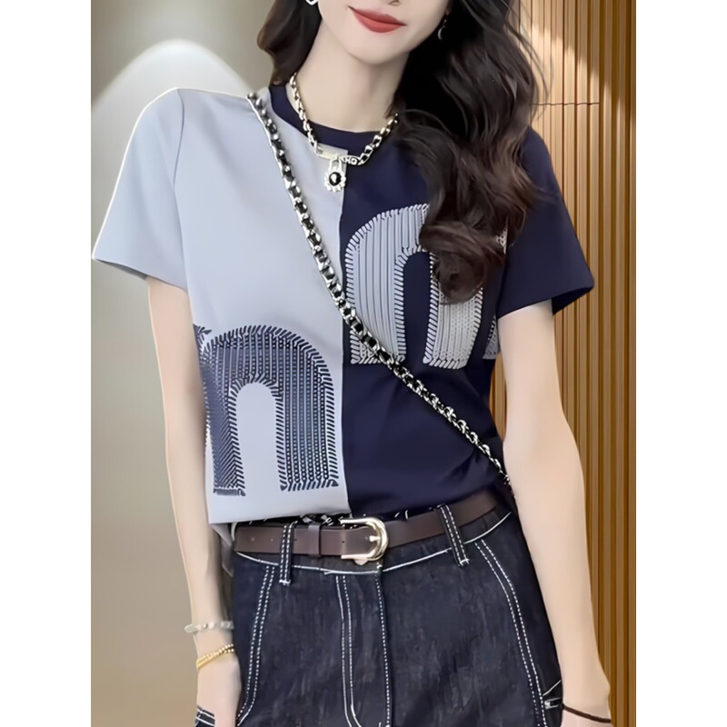 Short-Sleeved T-Shirt for Women 2026 Summer New Style with Contrasting Color Stitching Design, Fashionable and Elegant Printed Casual Top with Regular Shoulders Short-Sleeved T-Shirt for Women 2026 Summer New Style with Contrasting Color Stitching Design, Fashionable and Elegant Printed Casual Top with Regular Shoulders