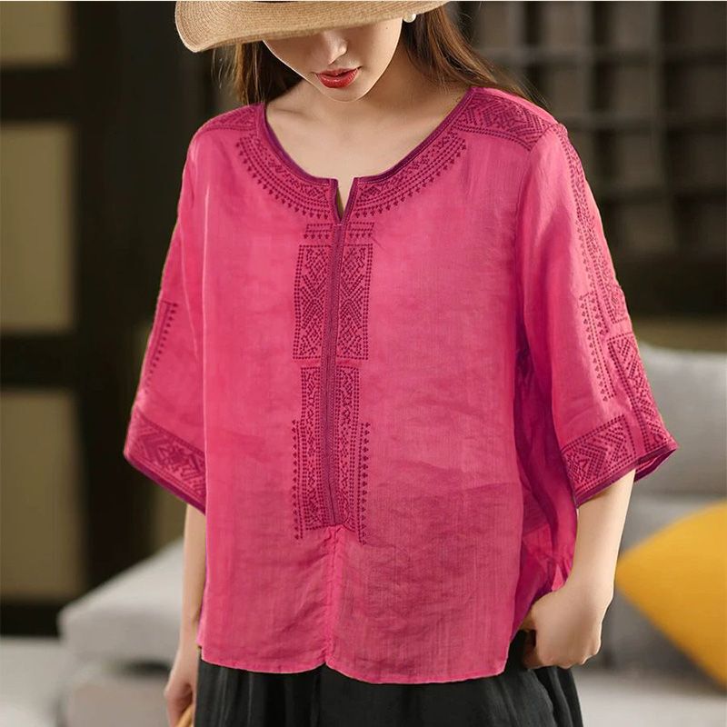 Vintage Ethnic Style Embroidered Shirt for Women, Summer Thin Slim-Fit Five-Quarter Sleeve T-Shirt for Export