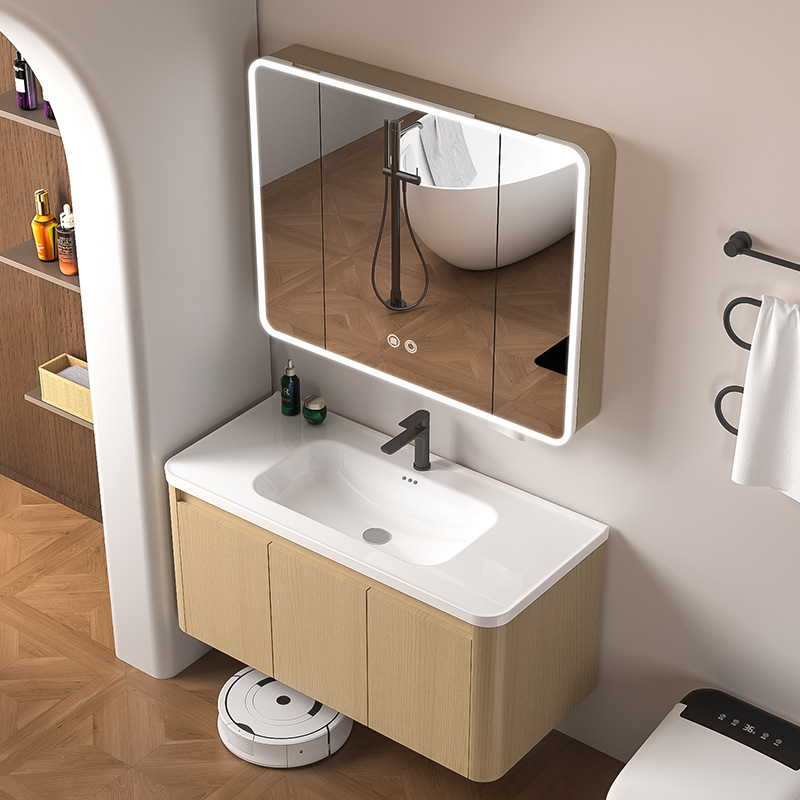 新款仿木纹太空铝蜂窝板浴室柜陶瓷一体盆挂墙洗脸洗手盆酒店宾馆