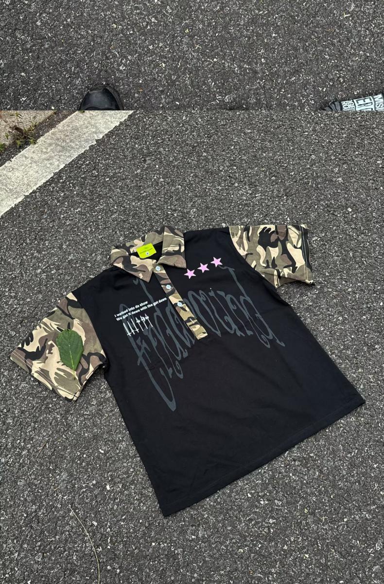 Men's Clothing Men's Hip Hop Camouflage Patchwork Collared Short Sleeve T-Shirt Trendy Streetwear Loose Fit Casual Five Quarter Sleeve For Couples_viptrois.com