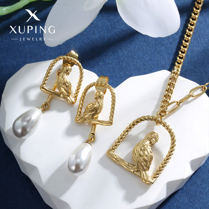 Xuping periquito pájaro jaula de pájaro collar de orejas dos piezas de aretes de moda europea y americana collar de perlas de otoño y invierno conjunto