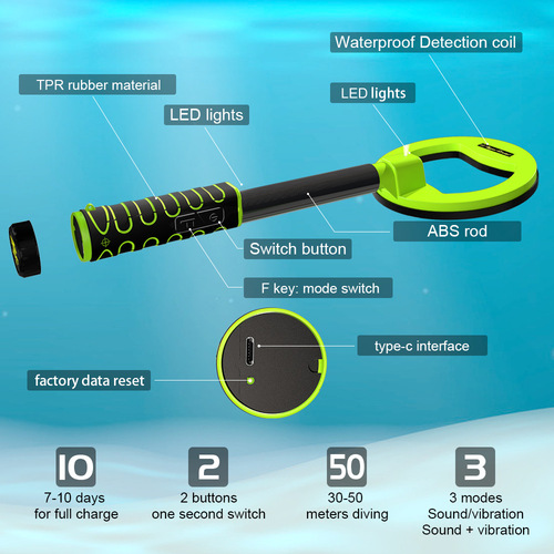  New Handheld Metal Detector Underwater Treasure Locator Full Waterproof Outdoor Treasure Hunting Archaeological Instrument